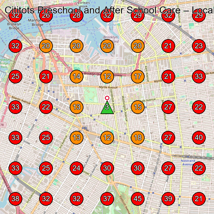Cititots Preschool and After School Care GeoGrid visibility map for Day Care Center in Brooklyn